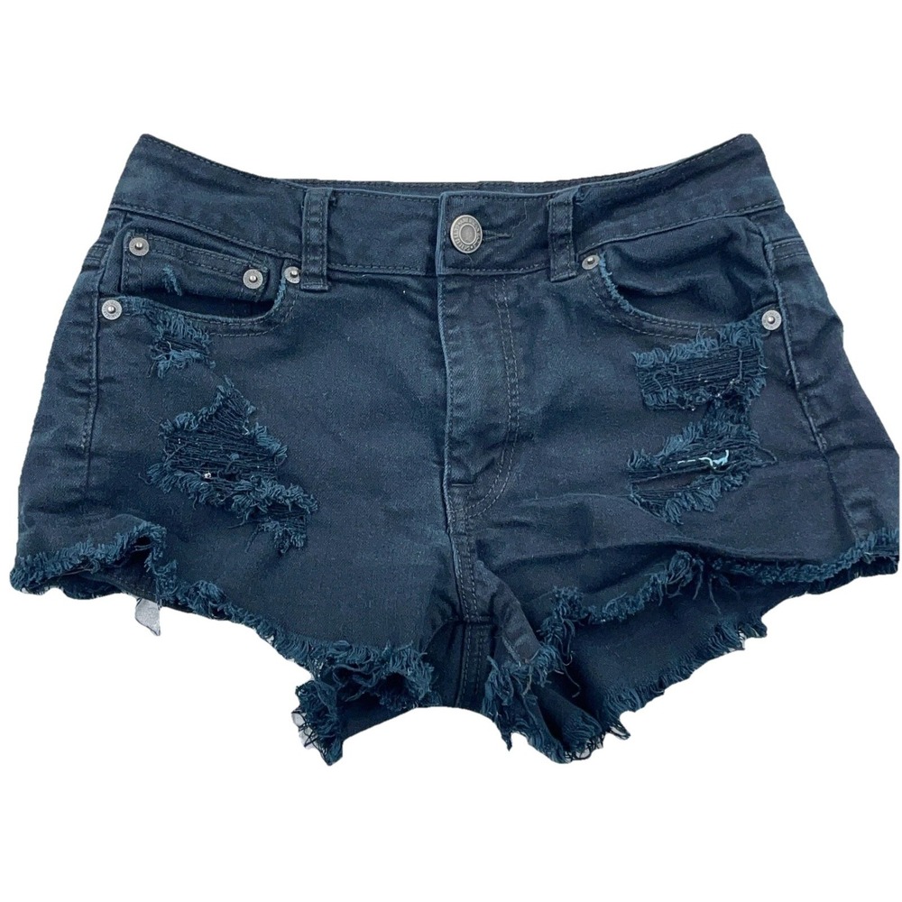 American Eagle Shorts Women 2 Cut Off Mid Rise Shortie Black Raw‎ Frayed Hem